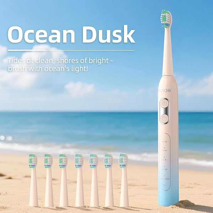 YUNCHI Electric Toothbrush Birthday/Valentine Plastic 8 Heads 24-Mo Deep Cleans Gentle Gums Removes Stains 3Hr USB-C 90d 2-Min Timer/30s IPX7 - Yellow Blue