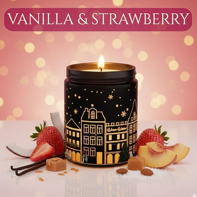 Vanilla & Strawberry Scented Candle (Black Jar), 40-Hour Burn, Dual Light Glow, Premium Soy Wax Blend, Dessert-Inspired Aromatherapy Candle for Bedroom & Bathroom – 7oz (200g)