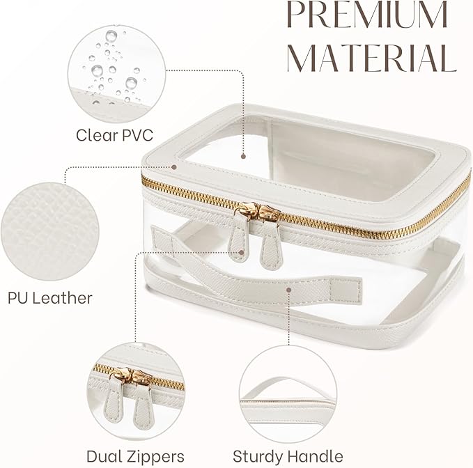 Oaque Clear Cosmetic Bag Set for Women Makeup Bag with Handle, 3 Pcs Travel Toiletry Bag Transparent Cosmetic Case Portable Make Up Organizer Bag for Essentials (White, Mini+S+L)