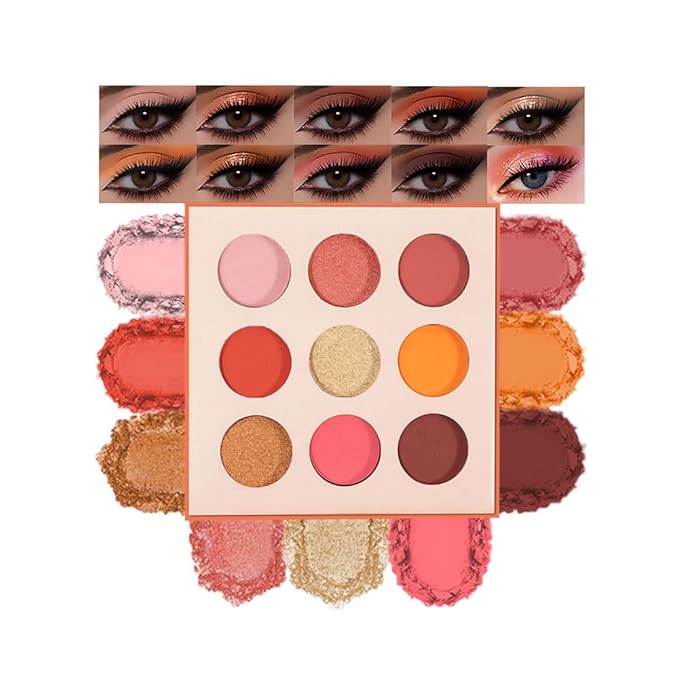 9-Color Warm Eyeshadow Palette–High Pigment Matte Shimmer Glitter Eyeshadow Palette in Orange, Coral, Pink & Brown Shades,Long-Lasting Waterproof, Blendable for Creative & Everyday Looks