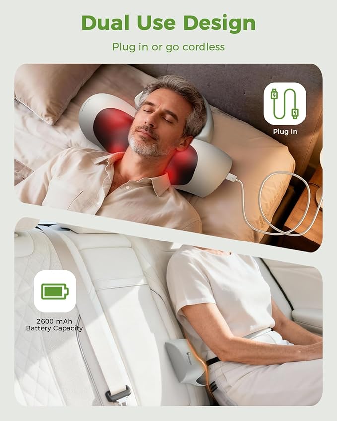 Upgraded 3-in-1 Neck Massager Pillow with Heat, Portable Cordless Neck Massager for Pain Relief Deep Tissue, Rechargeable Pillow Massager for Neck & Shoulder Relaxation at Home/Office/Travel