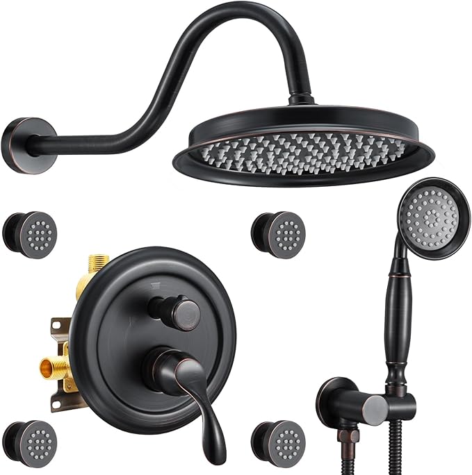 DASAN Antique Shower Faucet Set Complete Rain Shower System in Wall with Body Shower Spray Jets, Oil Rubbed Bronze Shower Fixtures with Rainfall Overhead Shower, Handheld, Valve & Trim Kit, AT249W-ORB