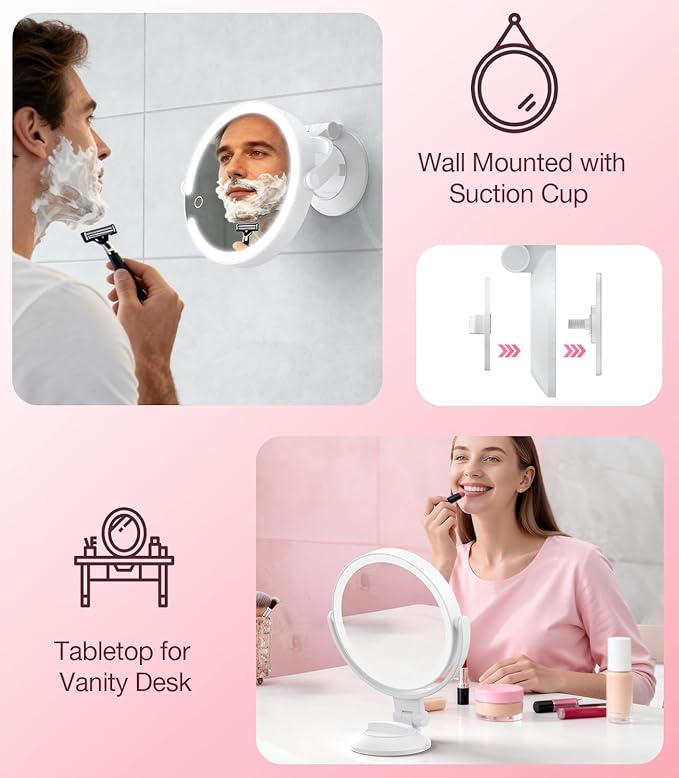 Benbilry Suction Cup Magnifying Mirror with Light 10X, Wall Mounted Makeup Mirror with Suction Cup for Bathroom, 3 Color Lights and Adjustable Brightness, 2 in 1 Tabletop for Desk - White