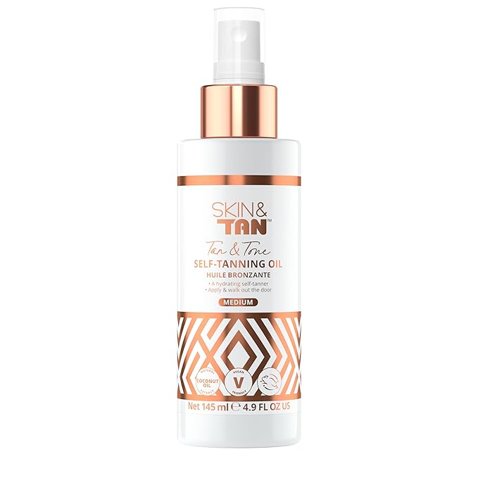 Skinny Tan Tan and Tone Self Tanning Oil Spray - No Need to Rinse - Hydrating and Toning Self Tanner for Healthier Looking Skin - Blurs Appearance of Stretch Marks - Medium Self Tan - 4.9 oz