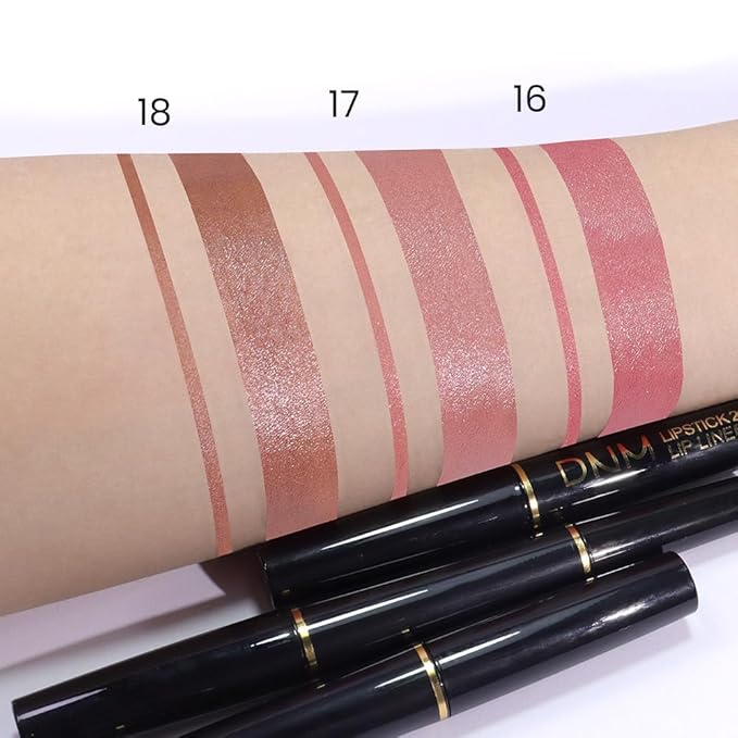2-in-1 Brown Lip Liner & Lipstick Set Kit for Women, Metallic Lips Kit with Lip Liner Lip Stains Long Lasting Waterproof 24 Hour Lipstick and Lip Liners Combo Lipliners Pencil Set 18