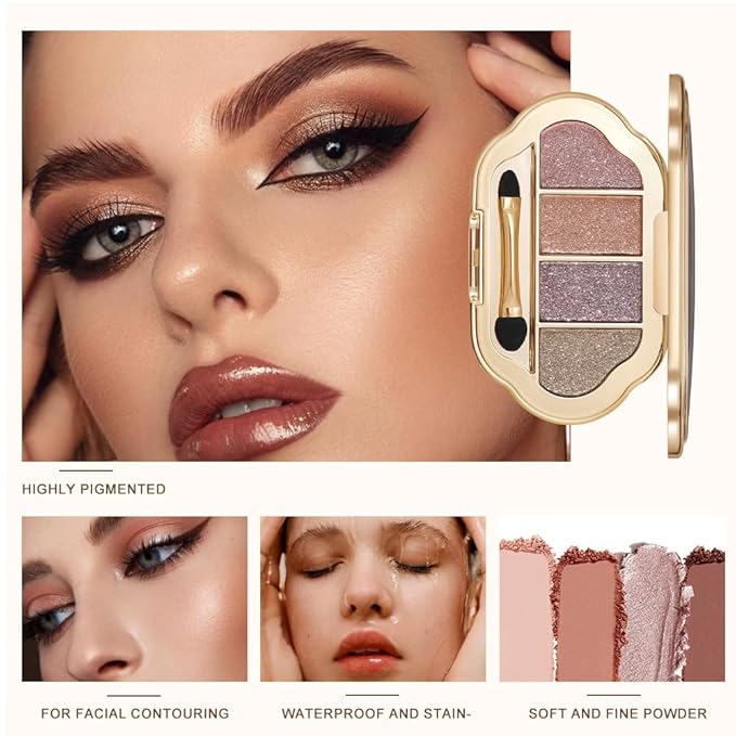 Neutral Warm Shimmer Eyeshadow Palette, Rose Gold & Champagne Taupe 4-Color Pressed Glitter Eyeshadow Set for Everyday Soft Glam, Long Lasting, Blendable Makeup Gift for Women