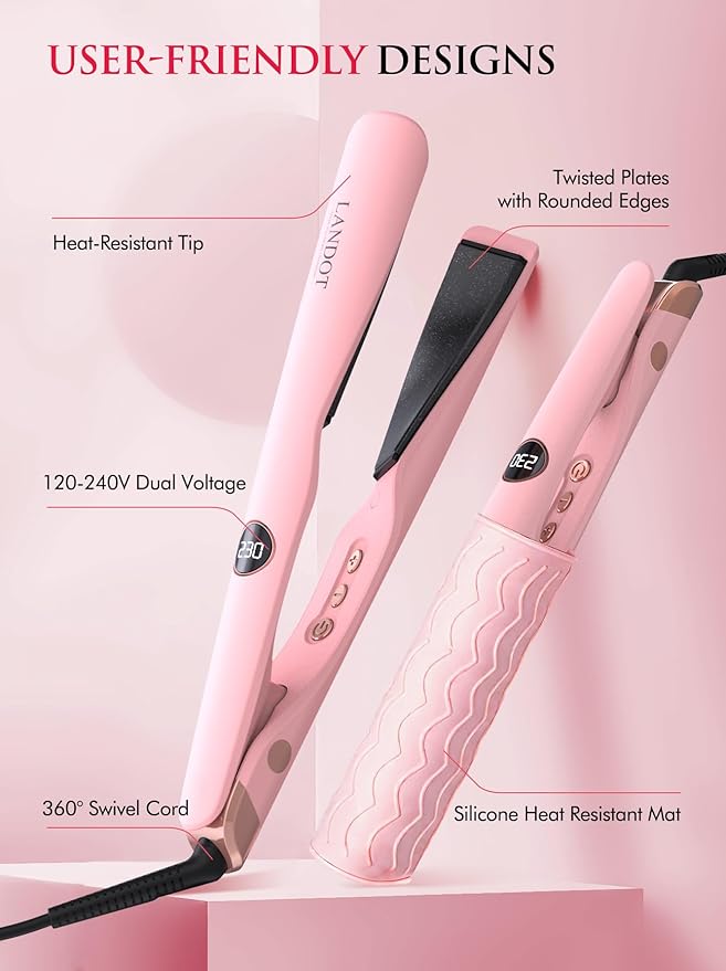 LANDOT 2-in-1 Hair Straightener and Curler - Twist Flat Curling Iron for Sleek Straight, Bouncy Curls, Beach Waves, Tourmaline Ceramic, Dual Voltage Adjust Temp 250-450°F All Hair Types, Color Pink