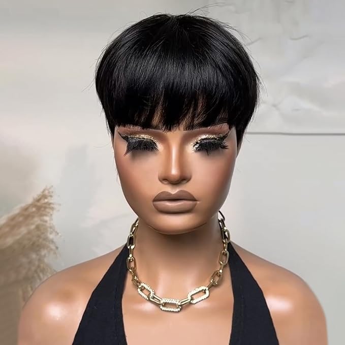 Short Wigs Pixie Cut Wig for black women Human Hair Natural Black Straight Human Hair Wig with Bangs Short layered Wave Glueless No lace front full machine made Bob Wig