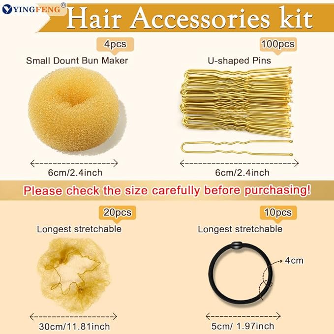 YINGFENG 134 Pcs Gold Hair Bun Maker Kit for Kids Small - 4 Hair Donuts for Buns, 20 Hair Nets for Buns, 100 U Shaped Bobby Pins, 10 Hair Bands, for Girls, Ballet Dance, Hair Accessories for Women