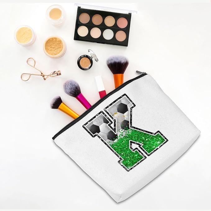 CQM Soccer Gifts Initial Makeup Bag Monogrammed Cosmetic Bag Letter K Zipper Pouch Soccer Accessories for Girls Women Player Coaches Friend Stuff Graduation Birthday Gifts