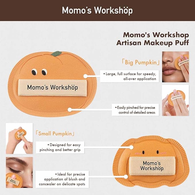 Momo's Workshop Cute Pumpkin Makeup Sponge 3-Pack, High-Density Rubycell for Cream Skin Finish, 1 Large + 2 Mini for Foundation & Concealer, Soft & Elastic for Dry Skin,Travel-Friendly