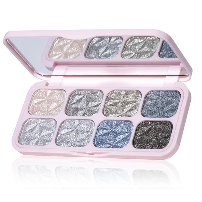 8-Color Eyeshadow Palette, Platinum Crystal Cool, Silver Gray Metallic Shimmer Shades, Long-Lasting Waterproof Formula, Smooth Blendable Eye Makeup for Elegant & Cool Tone Looks