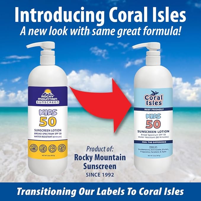 Rocky Mountain Sunscreen | SPF 50 Lotion for Kids Broad Spectrum UVA/UVB Protection | Hawaii 104 Reef Act Compliant (Oxybenzone & Octinoxate Free) | Water Resistant 80 Min. |Quart With Pump (32 Fl Oz)