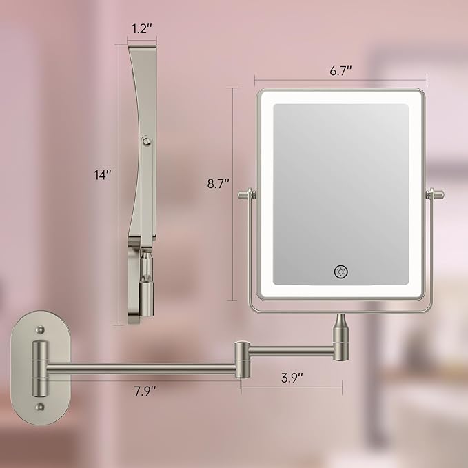 FASCINATE Rechargeable Wall Mounted Makeup Mirror, 8.7" Double Sided Touch Switch 1X 10X Rectangle Magnifying Mirror Wall Mounted, 3 Color Setting, Extended Arm 360° Swivel Foldable Nickel