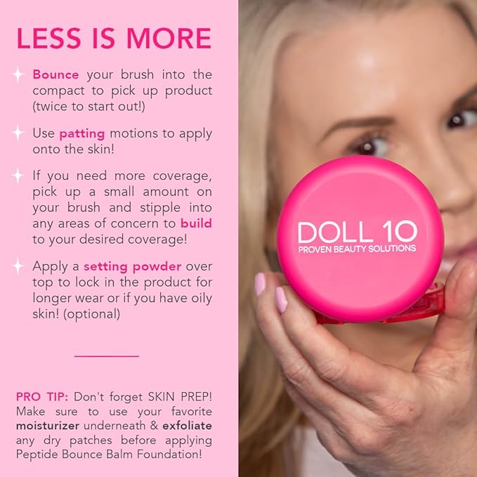 Doll 10 Peptide Bounce Balm Foundation™ – Hydrating, Age-Defying Foundation for Older Women, All Skin Types – Vegan, Clean, Natural, Medium Buildable Coverage, Blurs Fine Lines - [Fair/Light]