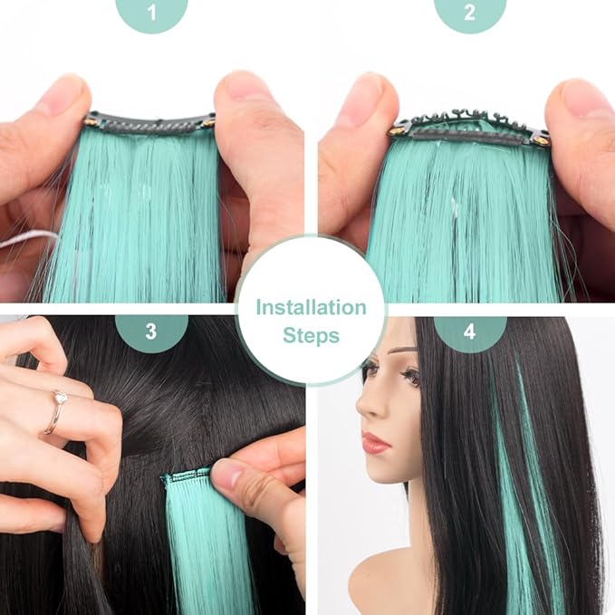 Colored Hair Extensions 14 PCS, 22 In Mint Green Clip in Hair Extensions St Patricks Day Party Highlights, Light Teal Synthetic Hairpieces for Girls Women Kids Cosplay Gift(Light Green)