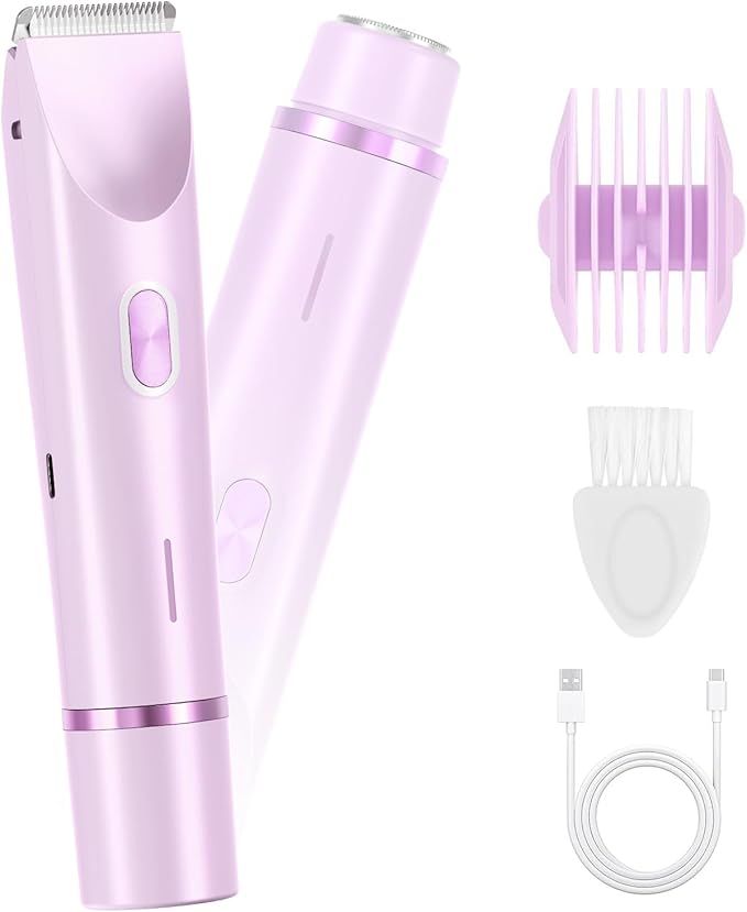 Women's Electric Shaver Bikini Trimmer for Women Razors 2-in-1 Dual Head Design IPX7 Waterproof Wet & Dry Use Body Groomer Hair Trimmer Remover for Facial Underarm Arm Face Leg Bikini (Purple)