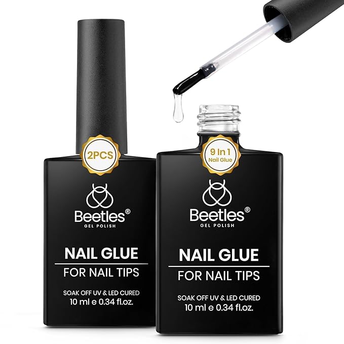 Beetles 9 in 1 Gel Nail Glue for Acrylic Nails Tips, 2 Pcs 10ml Super Strong Nail Glue for Clear False Nails Tips Base Coat Rhinestones Blooming Art Spring Nails Long Lasting U V Light Cure
