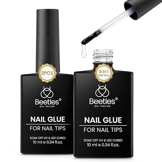 Beetles 9 in 1 Gel Nail Glue for Acrylic Nails Tips, 2 Pcs 10ml Super Strong Nail Glue for Clear False Nails Tips Base Coat Rhinestones Blooming Art Spring Nails Long Lasting U V Light Cure