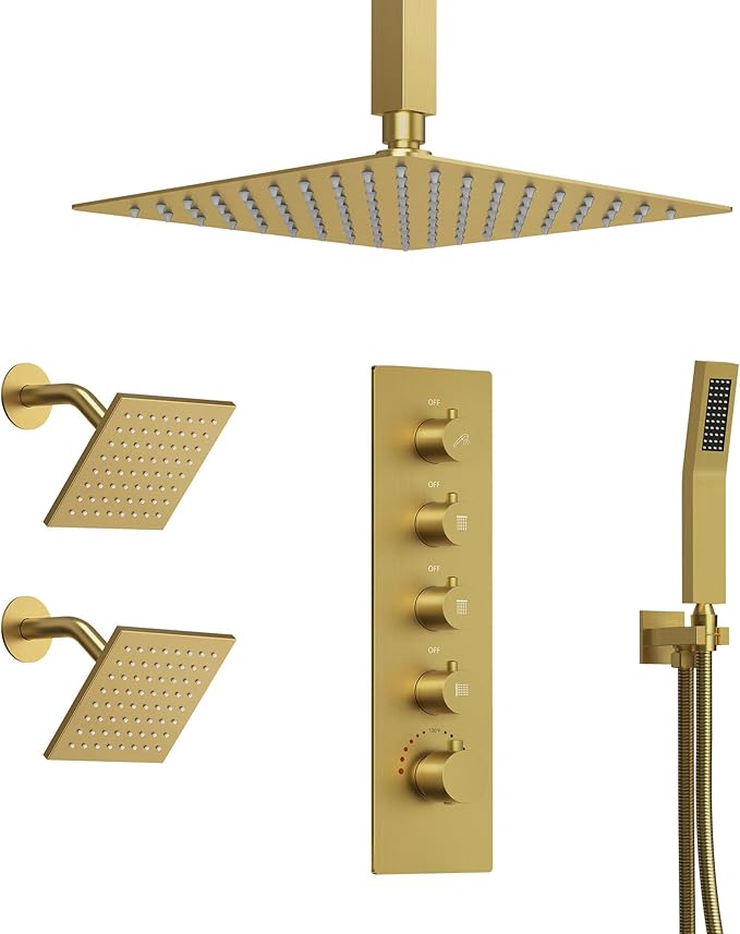 EVERSTEIN Thermostatic Shower system, 16, 6 in. Bathroom Shower Set Wall Mount Dual Shower Head Faucet in Brushed Gold
