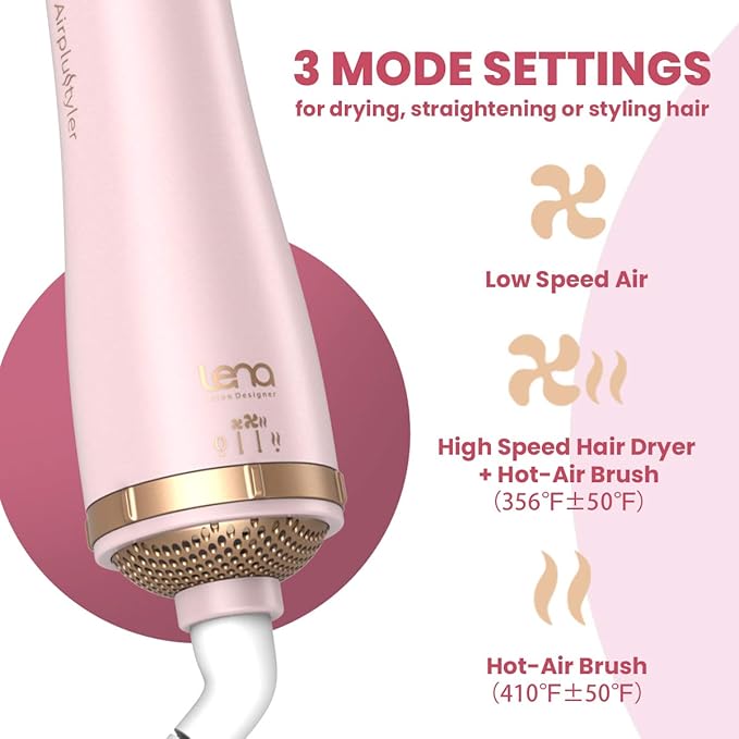 LENA Hair Straightener Brush Dryer PRO Blow Dryer Hot Air Brush - Anti-Scald Straightening Iron Comb Styler with Extra Ion Care, Far Infrared Heating and 3 Modes for Long & Medium Length Hair, Pink