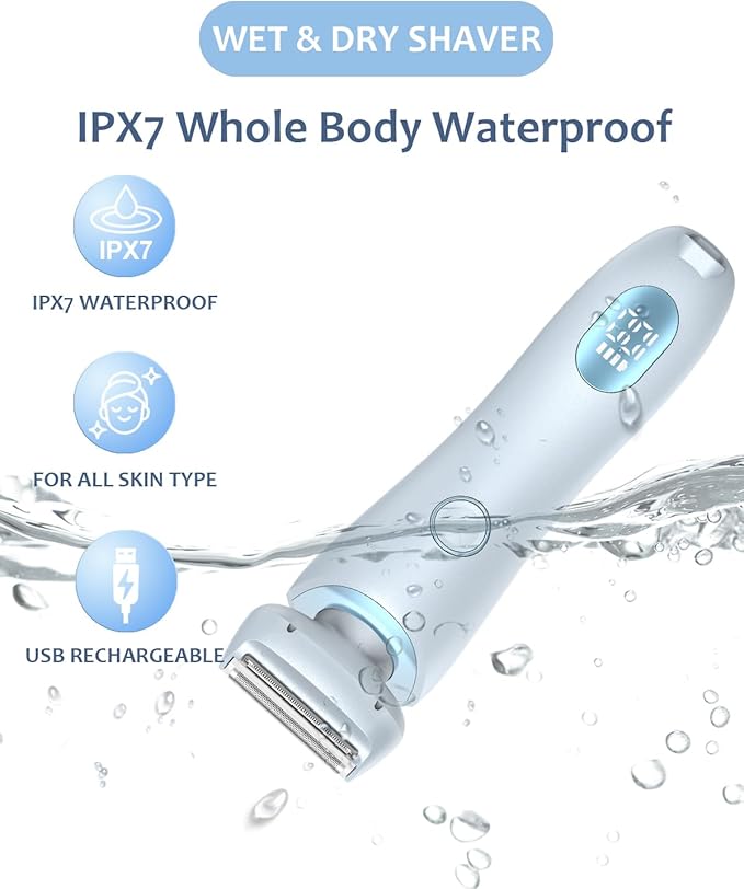 Electric Shaver for Women - Painless Lady Razor Facial Hair Remover 2-in-1 Wet and Dry Cordless Portable Bikini Trimmer for Face Armpit Legs Body - Rechargeable IPX7 Waterproof Hair Removal (Blue)