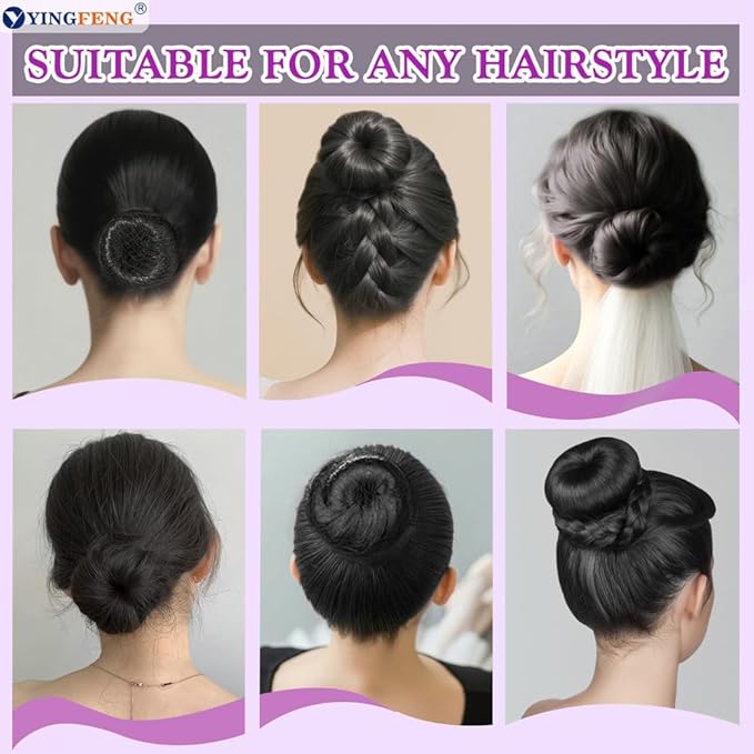 YINGFENG 134 Pcs Black Hair Bun Maker Kit Medium - 4 Bun Hair Pieces for Women, 20 Hair Net for Buns, 100 Bobby Pins for Women, 10 Hair Bands, for Ballet Styling, Hair Accessories for Girls