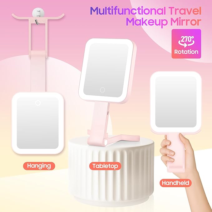 Magnifying Travel Mirror with Light, 30X/1X Double-Sided Magnifying Mirror with 3 Color Lights, Brightness Adjustable, Foldable Handheld Makeup Mirrors Portable for Travel and Desktop Use