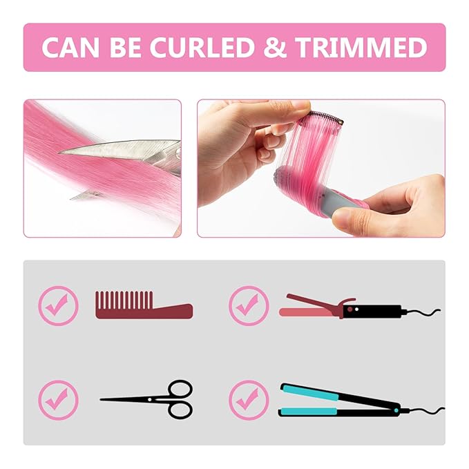 Colored Pink Hair Extensions 14 PCS, 22 In Colorful Clip in Hair Extensions Party Highlights, Dream Rainbow Long Straight Synthetic Hairpieces for Women Cosplay Gift(Pink)