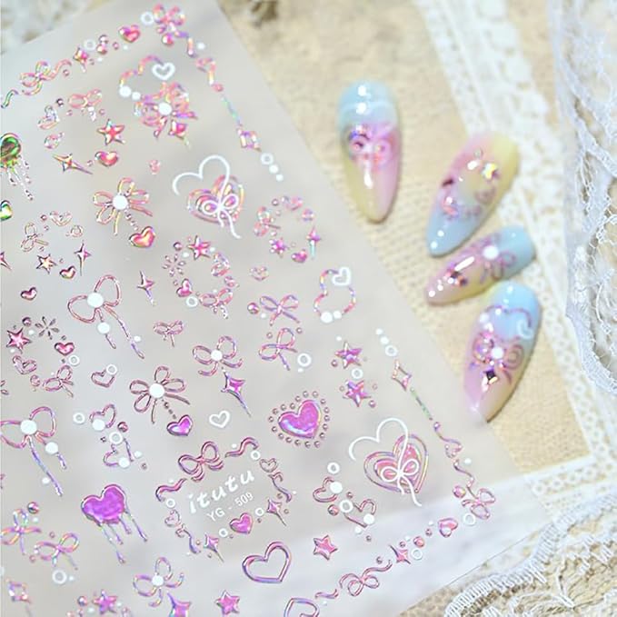 Valentines Nail Art Stickers Aurora Heart Nail Stickers for Nail Art 5D Embossed Bow Heart Nail Design Glitter Valentines Holiday Nail Decals for Women Girls Manicure Supplies