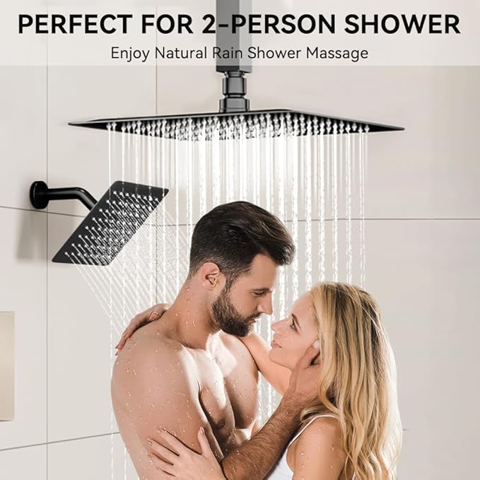 Shower Faucet Set, 12" Rain Shower System with Handheld and Ceiling Mount 6" Rainfall Shower Head, Can Use 2 Modes Together for Two People, 3 Way Shower Valve with 5 Diverter Complete, Matte Black