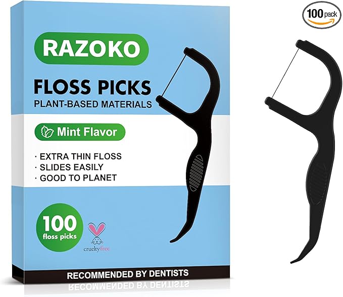 RAZOKO 100 Count Biodegradable Charcoal Dental Floss Picks, Plant-Based Mint Flossers with Bamboo Charcoal Thread, Shred-Resistant & Eco-Friendly Teeth Cleaning Sticks for Adults & Kids