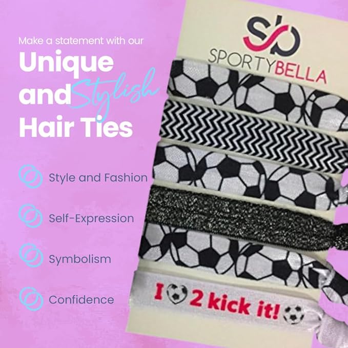 SportyBella Soccer Hair Accessories - No Crease Elastic Hair Ties, Ideal Gift for Girls Soccer Players (6pcs)