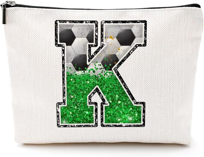 CQM Soccer Gifts Initial Makeup Bag Monogrammed Cosmetic Bag Letter K Zipper Pouch Soccer Accessories for Girls Women Player Coaches Friend Stuff Graduation Birthday Gifts