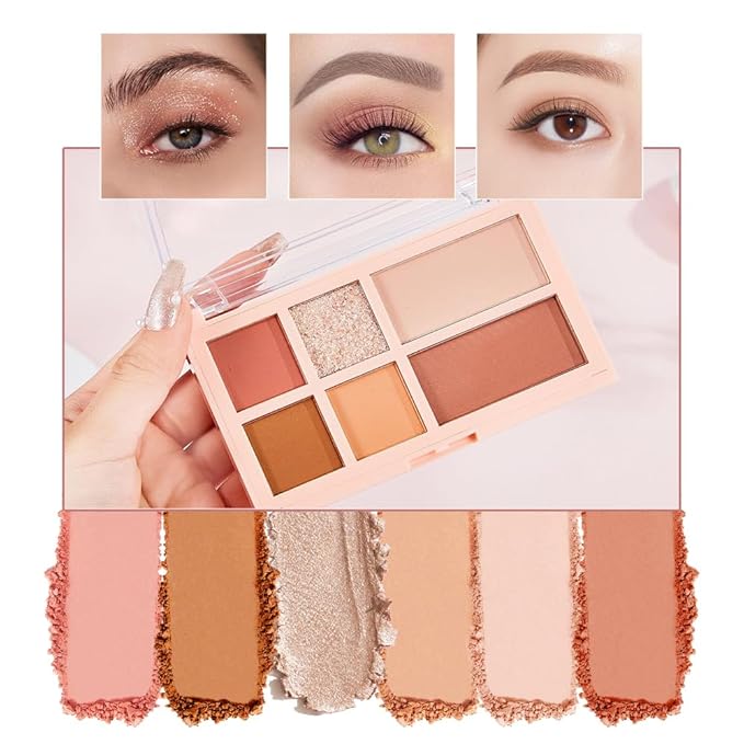 6 Colors Velvety Smooth Eyeshadow Palette, Neutral Nude Eye Shadow Matte & Shimmer Shades, Highly Pigmented Waterproof Long-Lasting Travel-Friendly Daily Eye Makeup Palette for Women, 1#