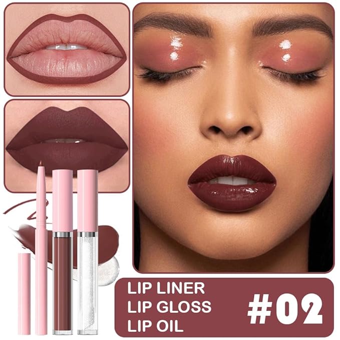 3-in-1Light Nude Matte Lip Stain Kit | Waterproof Lip Liner + Hydrating Matte Lip Gloss + Nourishing Lip Oil | Long Lasting Plumping to Create Perfect Lip Makeup.02#