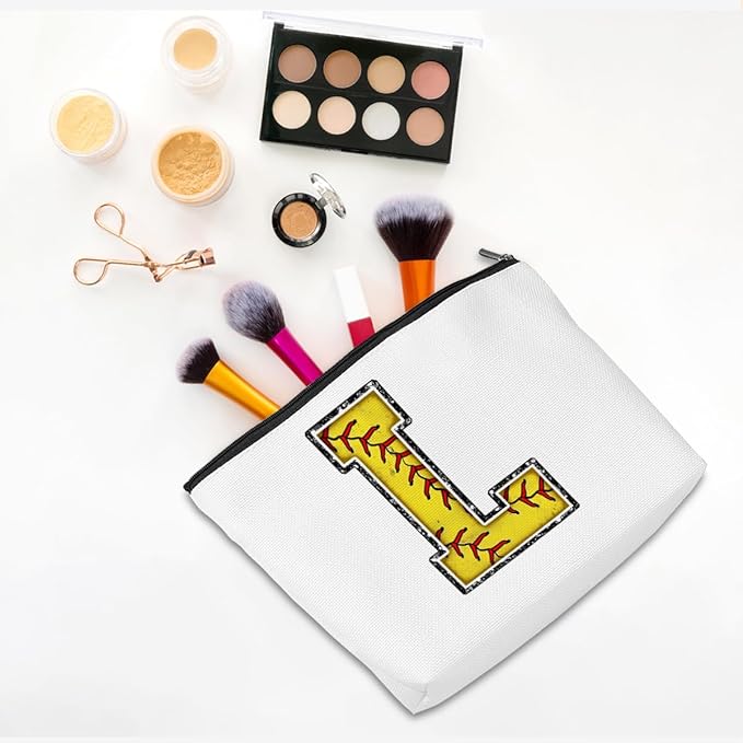 CQM Softball Gifts Initial Makeup Bag Monogrammed Cosmetic Bag Yellow Letter L Zipper Pouch Softball Accessories for Girls Women Player Coaches Friend Graduation Birthday Gifts