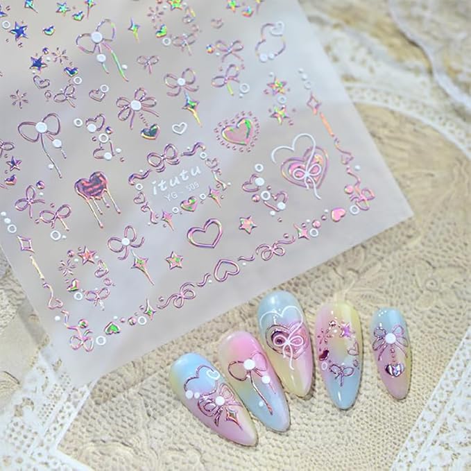 Valentines Nail Art Stickers Aurora Heart Nail Stickers for Nail Art 5D Embossed Bow Heart Nail Design Glitter Valentines Holiday Nail Decals for Women Girls Manicure Supplies