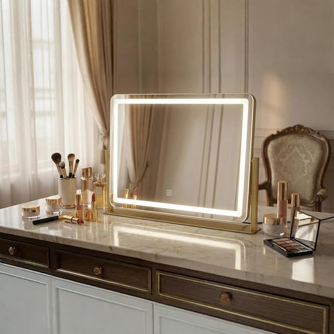 Vanity Mirror with Lights, 22''x17'' Lighted Makeup Mirror, LED Makeup Mirror, Dimmable, Smart Touch with 3-Color Lighting Modes, for Bedroom Tabletop - Gold
