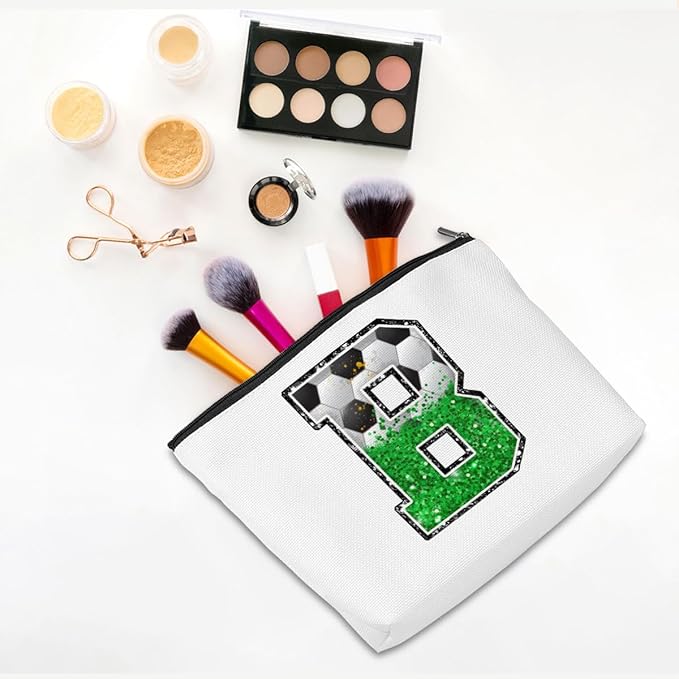 CQM Soccer Gifts Initial Makeup Bag Monogrammed Cosmetic Bag Letter B Zipper Pouch Soccer Accessories for Girls Women Player Coaches Friend Stuff Graduation Birthday Gifts