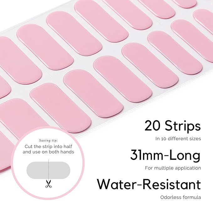 NAILOG Semi Cured Gel Nail Strips (20 Extra Long Polish Stickers/Wraps) | Glossy & Long Lasting Soft Gel Finishing Nail Strips | Camellia