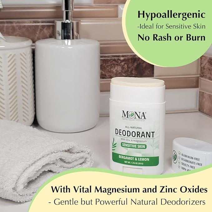MONA BRANDS All Natural Deodorant For Women & Men | For Sensitive Skin | No Aluminum or Baking Soda | (BERGAMOT LEMON 1.76 Oz)