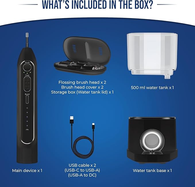 Optum Duo Flossing Toothbrush Rechargeable Electric Toothbrush with Water Flosser - Portable Water Pick Toothbrush Combo Cordless Sonic Electric Toothbrush and Water Flosser - Black