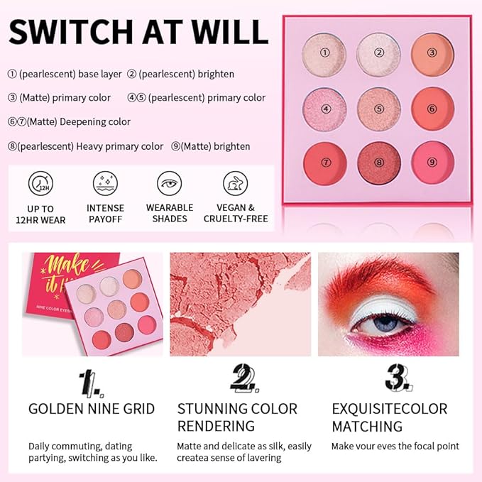 9-Color Pink Peach Eyeshadow Palette – Matte, Shimmer & Glitter Eye Makeup, High Pigment Warm Coral & Rose Shades, Long-Lasting Waterproof Blendable Professional Eyeshadow for Daily & Glam Looks