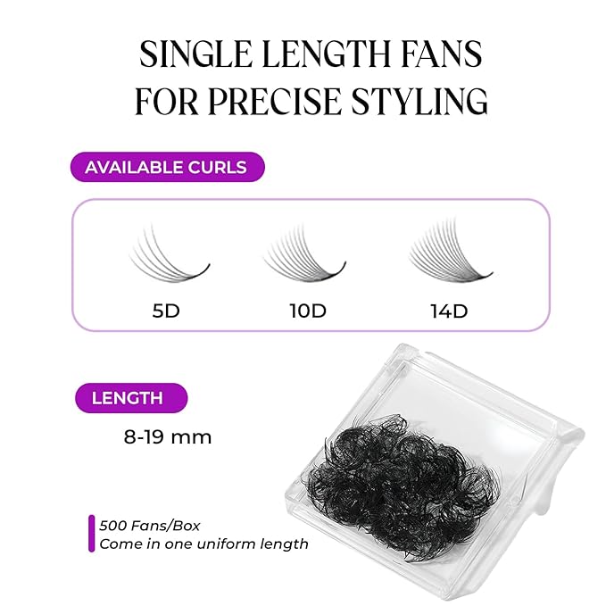 500 pcs Narrow Promade Loose Fans – 5D Volume 0.07 C Curl, 8–19 mm Mixed Length, Matte Black Handmade Lash Extensions, Thick Wispy Lashes for Pros (Black-D-0.07-14mm)