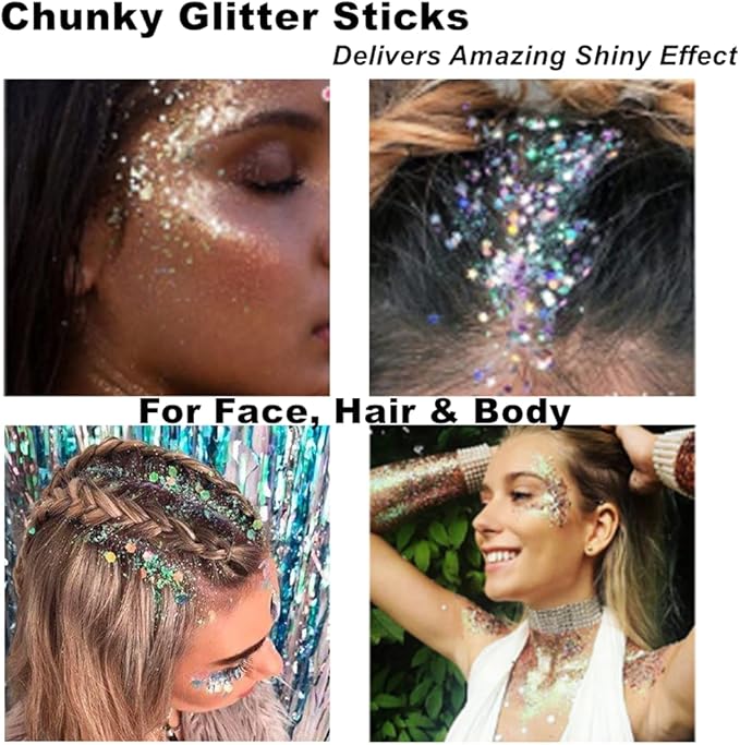 Mysense Pink Body Glitter Stick, Singer Concert Outfit Face Glitter Makeup, Festival Rave Pride Accessories, Hair Glitter Gel for Kids Women, Sparkling Mermaid Sequin Chunky Glitter Face Paint, 0.56oz