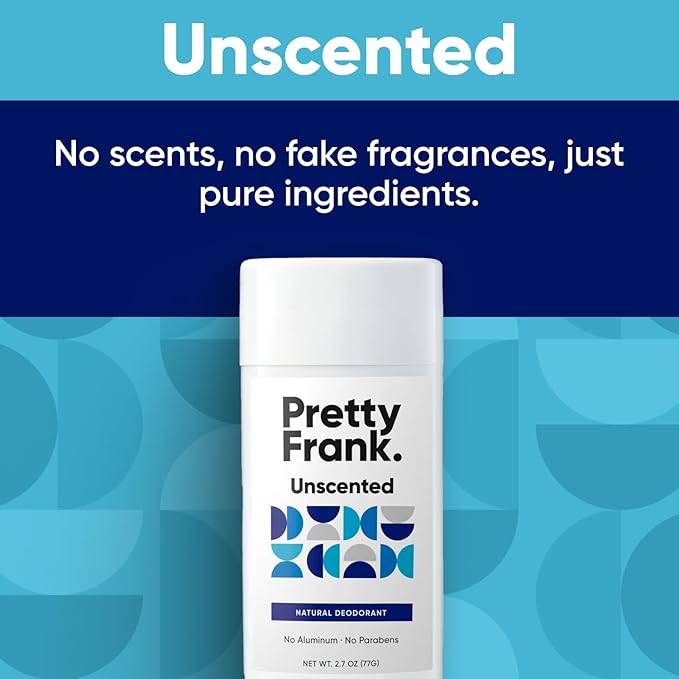 Pretty Frank Natural Aluminum-Free Deodorant Stick, Unscented (2-Pack) | All-Day Odor Control for Women & Men | Effective, Skin Soothing Formula with Safe, Organic Ingredients and No Added Fragrance