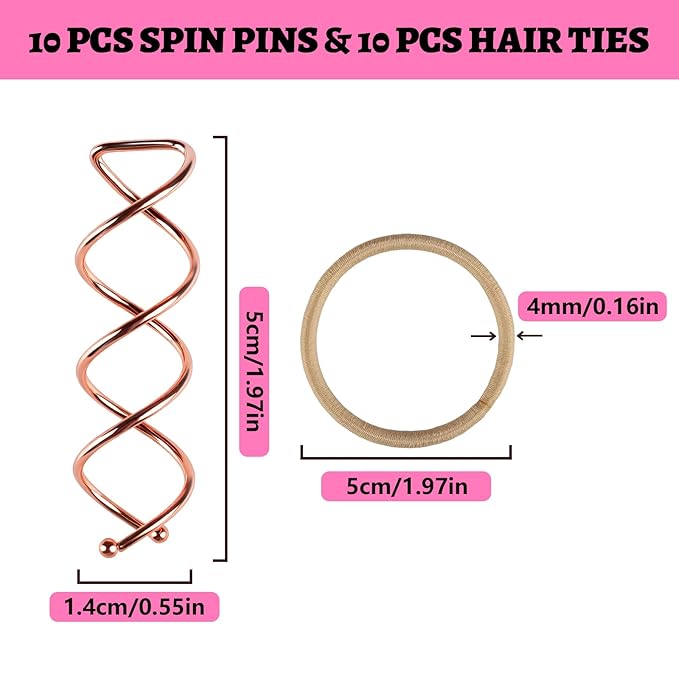 Teenitor 20Pcs Spiral Hair Pins, Spiral Bobby Pins, Spin Pins for Hair Twist, Hair Bun Maker Bobby Pins for Buns with 10 Hair Ties, Rose Gold