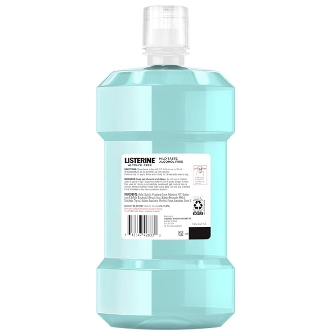Listerine Cool Mint Alcohol-Free Mild Mouthwash, Oral Rinse Kills 99.9% of Germs That Cause Bad Breath, Less Intense Taste, Mild Mint Flavor, 1 L (Pack of 2)