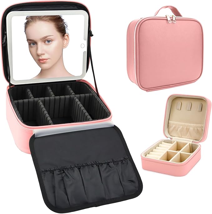 SLUMAZI Travel Makeup Bag with LED Mirror with 3 Lighted Settings, Adjustable Dividers, Makeup Brush Storage Bag and Jewelry Case Pink